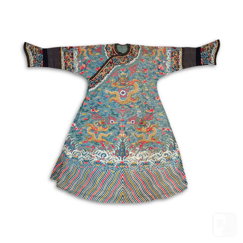 A blue-ground embroidered gauze 'dragon' robe, Jifu, Qing dynasty,  Daoguang period | 清道光 藍地納紗繡金龍紋吉服